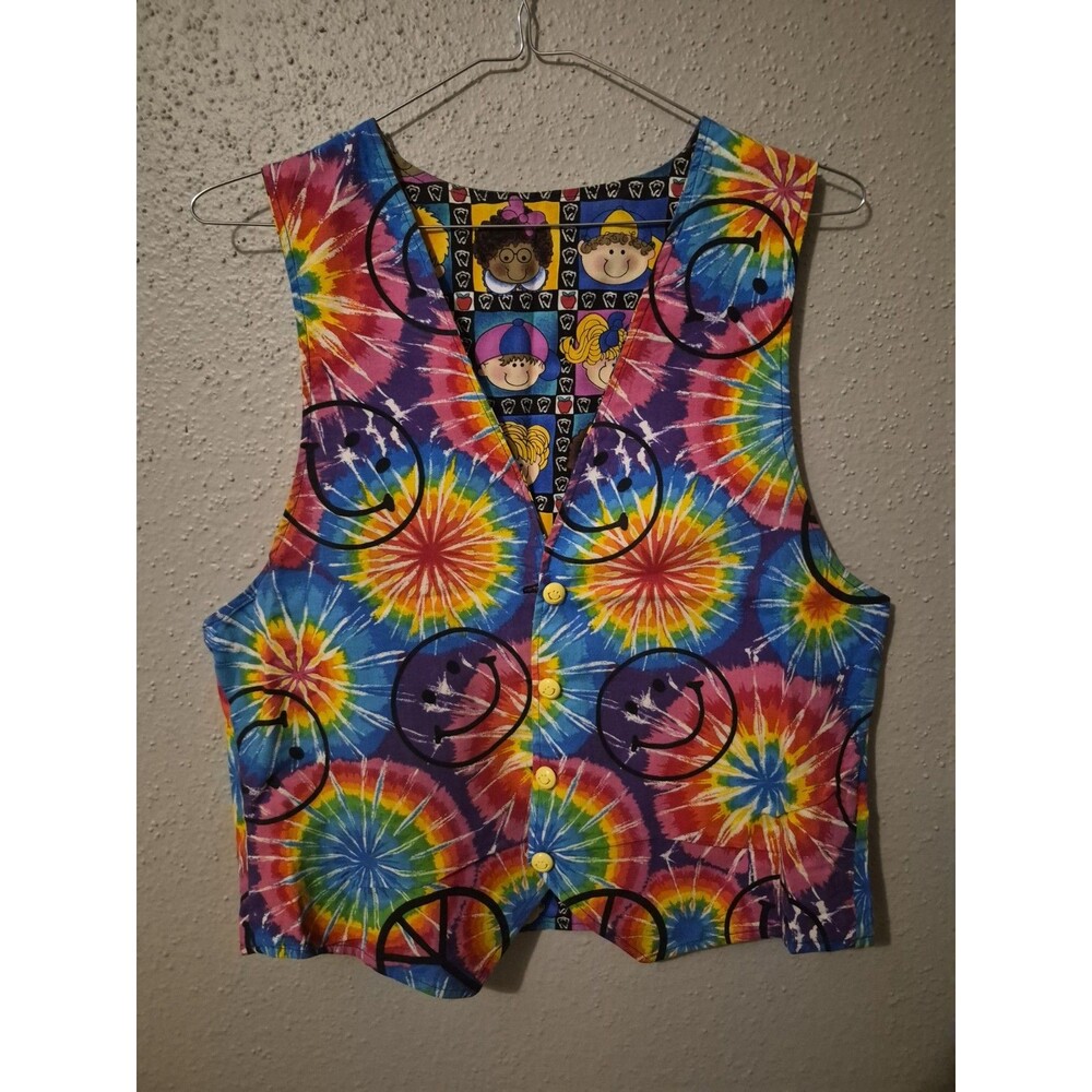 VTG Handmade Vest Reversible Childrens Faces Tie Dye Smiley Faces Fire Cracker - Picture 3 of 9